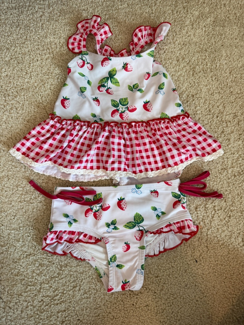 SweetHoney Strawberry Gingham Ruffle Two-Piece Swim Set - Red & White